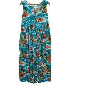 Cruzoes Dress Medium Blue Aloha Print Tropical Island Beach Vacation Cruise Palm